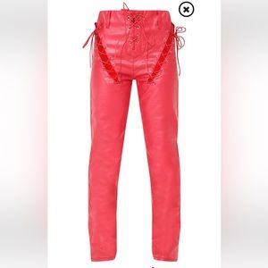 Red thigh lace up coated denim straight leg jean